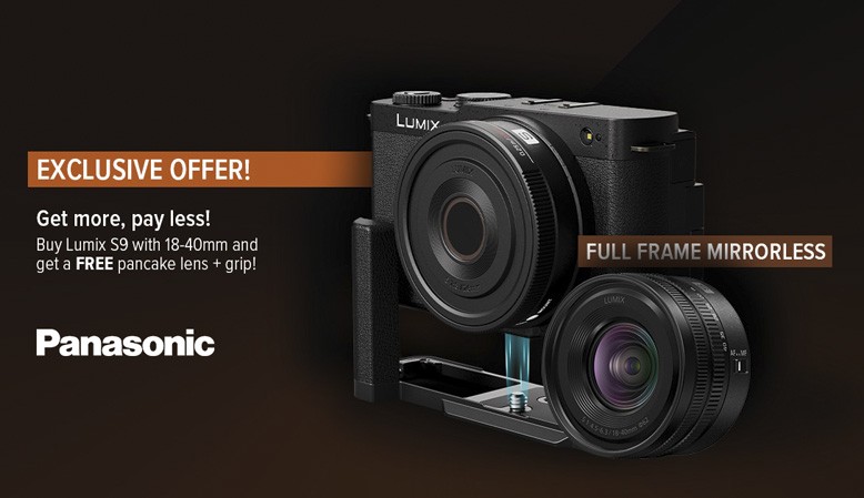Få en kontant rabat på Panasonic Lumix S9 - og få et gratis objektiv samt greb med ved køb af S9 i kit.